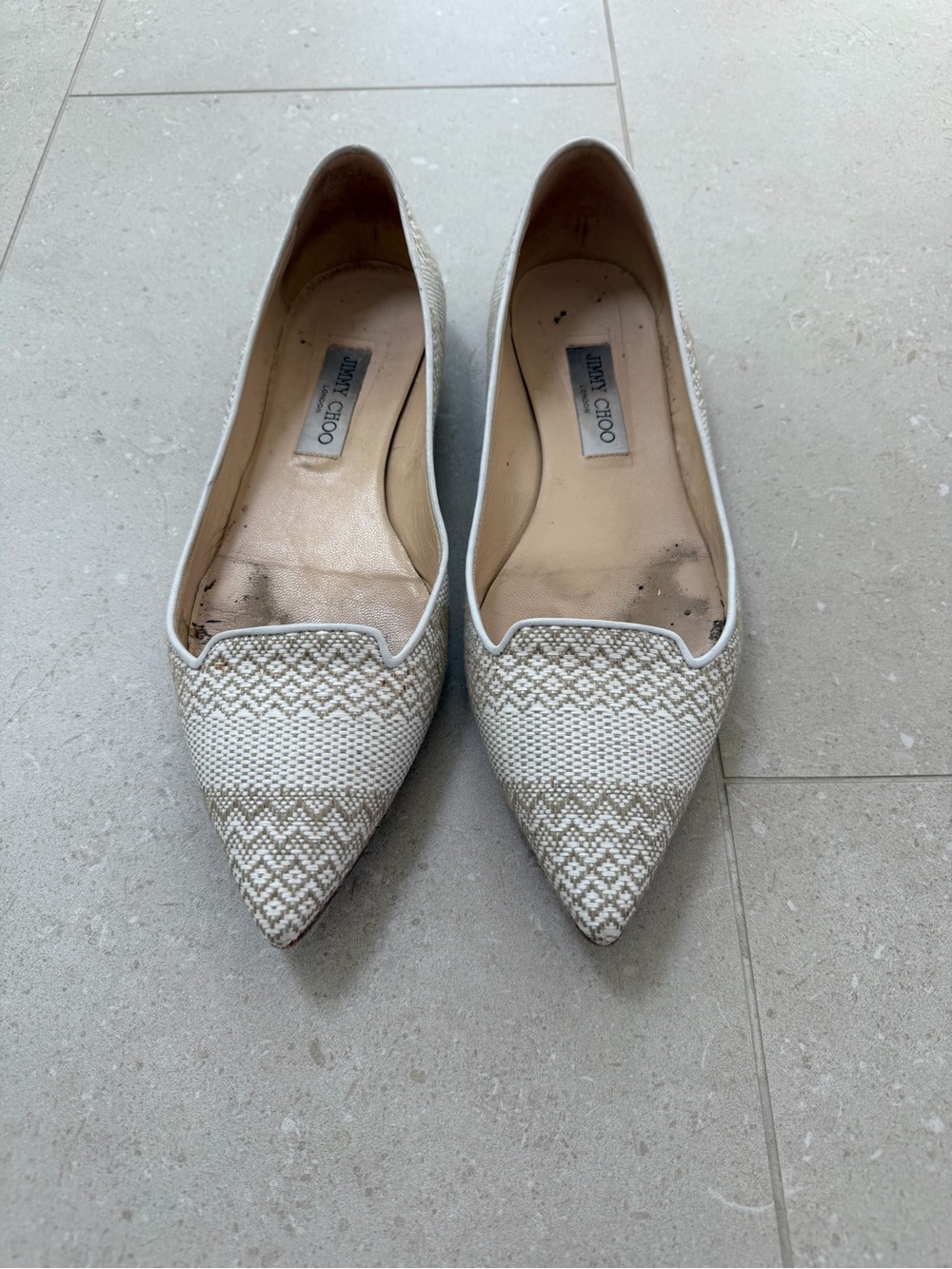 Jimmy Choo Cream Woven Pointed Toe Flats - Picture 2 of 5